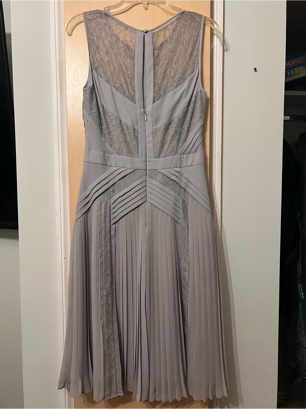 BCBG Sheer Lace Panel Pleated Midi Dress - Light Grey